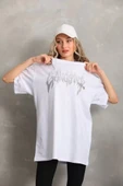 MDB Unisex Taş Desenli Oversize Thirt  Beyaz thumbnail 3