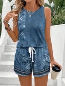 MDB Kadın Askılı Yuvarlak Yaka çiçek Baskılı Süprme Bluz Ve Short Ikili Takım thumbnail 5