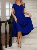 MDB Kadın Kısa Kollu V Yakalı önden Pileli Midi Janjan Krep Elbise thumbnail 2