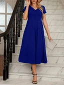 MDB Kadın Kısa Kollu V Yakalı önden Pileli Midi Janjan Krep Elbise thumbnail 3