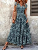 MDB Kadın Kısa Kollu Kruvaze Yaka Beli Lastikli Süprem Maksi Boy Elbise thumbnail 2