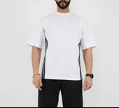 MDB Unisex Oversize Yanları Şeritli Thirt  Beyaz thumbnail 2