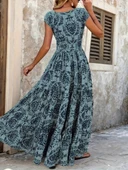 MDB Kadın Kısa Kollu Kruvaze Yaka Beli Lastikli Süprem Maksi Boy Elbise thumbnail 5