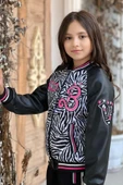 Kız Çocuk V Cool Yazı Baskılı Sweatshirt Zebra ve Pembe Şerit Detaylı Deri Eşofman Takım thumbnail 4