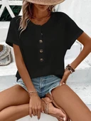 MDB Kadın Kısa Kollu Yakası Açık önden Düğmeli Waffle Bluz thumbnail 5