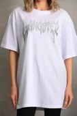 MDB Unisex Taş Desenli Oversize Thirt  Beyaz thumbnail 2