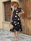 MDB Kadın Kısa Kelebek Kollu Kruvaze Yakalı Belden Kuşaklı Midi Süprem Elbise thumbnail 3