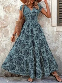 MDB Kadın Kısa Kollu Kruvaze Yaka Beli Lastikli Süprem Maksi Boy Elbise thumbnail 1