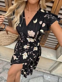 MDB Kadın Kısa Kelebek Kollu Kruvaze Yakalı Belden Kuşaklı Midi Süprem Elbise thumbnail 5