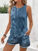 MDB Kadın Askılı Yuvarlak Yaka çiçek Baskılı Süprme Bluz Ve Short Ikili Takım thumbnail 4