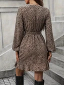 MDB Kadın Uzun Kollu Kruvaze Yakalı Kuşaklı Desenli Kısa Modal Mini Elbise thumbnail 6
