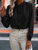 MDB Kadın Uzun Kollu Yakalı Yakadan Bağcıklı Düğmeli Sandy Bluz thumbnail 4