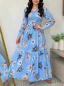 MDB Kadın Uzun Kollu V Yakalı çiçek Desenli Maxi Süprem Elbise thumbnail 1
