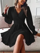 MDB Kadın Uzun Kollu Kruvaze Yakalı Mini Sandy Elbise thumbnail 1