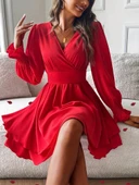 MDB Kadın Uzun Kollu Kruvaze Yakalı Mini Sandy Elbise thumbnail 1