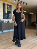 MDB Kadın Kısa Kollu Yuvarlak Yaka Yandan Yırtmaçlı Midi Viskon Elbise thumbnail 2