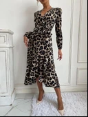 MDB Kadın Uzun Kollu Kruvaze Yakalı Belden Kuşaklı Leopar thumbnail 3