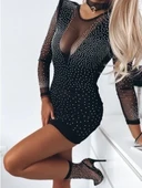 MDB Kadın Uzun Kollu Yuvarlak Yaka Dekolteli Taşlı Dalgıç Elbise thumbnail 3