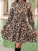 MDB Kadın Uzun Kollu Yarı Balıkçı Yaka Leopar Desenli Modal Mini Elbise thumbnail 1