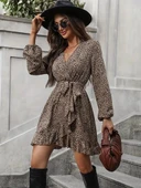 MDB Kadın Uzun Kollu Kruvaze Yakalı Kuşaklı Desenli Kısa Modal Mini Elbise thumbnail 5