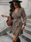 MDB Kadın Uzun Kollu Kruvaze Yakalı Kuşaklı Desenli Kısa Modal Mini Elbise thumbnail 2