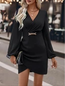 MDB Kadın Uzun Kollu Kruvaze Yaka Yandan Büzgülü Asimetrik Detaylı Ithal Krep Mini Elbise thumbnail 6