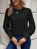 MDB Kadın Uzun Kollu Bisiklet Yaka Kolları çiçekli Waffle Bluz thumbnail 5