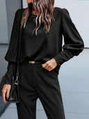 MDB Kadın Uzun Kollu Yuvarlak Yakalı Düğmeli Ithal Krep Bluz thumbnail 2