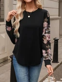 MDB Kadın Uzun Kollu Bisiklet Yakalı Kolun çiçek Desenli Viskon Iki Iplik Bluz thumbnail 5