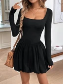 MDB Kadın Uzun Kollu Kare Yaka Mini Balon Modal Elbise thumbnail 1