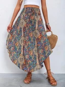 MDB Kadın Beli Lastikli Bağcıklı Asimetrik Kesim Detaylı Desenli Bürümcük Etek thumbnail 5