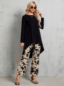 MDB Kadın Uzun Kollu Bisiklet Yaka Asimetrik Kesim Detaylı Viskon Bluz Ve çiçek Desenli Iki Iplik Pantolon thumbnail 4