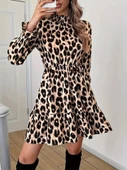 MDB Kadın Uzun Kollu Yarı Balıkçı Yaka Leopar Desenli Modal Mini Elbise thumbnail 4