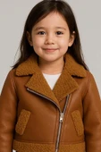 Kız Çocuk Kolları ve Yakası Peluş Detaylı Kahverengi Ceket Dik Yaka Kazak Deri Alt Üst Takım - 2