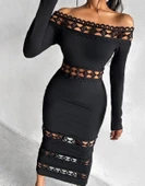 MDB Kadın Uzun Kollu Madonna Dantel Yaka Yırtmaçlı Midi Dalgıç Elbise thumbnail 4