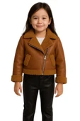 Kız Çocuk Kolları ve Yakası Peluş Detaylı Kahverengi Ceket Dik Yaka Kazak Deri Alt Üst Takım - 4