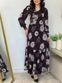MDB Kadın Uzun Kollu V Yakalı çiçek Desenli Maxi Süprem Elbise thumbnail 2