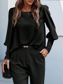 MDB Kadın Uzun Kollu Yuvarlak Yakalı Düğmeli Ithal Krep Bluz thumbnail 3