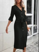 MDB Kadın Uzun Kollu önden Düğmeli Beli Kuşaklı Aerobin Midi Elbise thumbnail 4