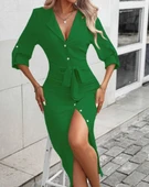 MDB Kadın Uzun Kollu önden Düğmeli Beli Kuşaklı Aerobin Midi Elbise thumbnail 2