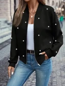 MDB Kadın Uzun Kollu önden Fermuarlı Incili Kısa Modal Ceket thumbnail 3