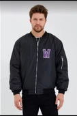 MDB Unisex Uzun Kol Baskılı Bomber Ceket  iyah thumbnail 1