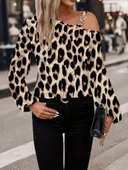 MDB Kadın Uzun Kollu Tek Omuzu Açık Tokalı Leopar Desenli Modal Bluz thumbnail 1