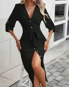 MDB Kadın Uzun Kollu önden Düğmeli Beli Kuşaklı Aerobin Midi Elbise thumbnail 2