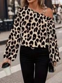 MDB Kadın Uzun Kollu Tek Omuzu Açık Tokalı Leopar Desenli Modal Bluz thumbnail 3