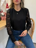 MDB Kadın Uzun Kollu Bisiklet Yaka Kolları çiçekli Waffle Bluz thumbnail 8