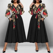 MDB Kadın Uzun Kollu Kruvaze Yaka Dalgıç Krep Midi Boy Elbise thumbnail 2