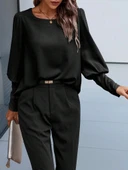 MDB Kadın Uzun Kollu Yuvarlak Yakalı Düğmeli Ithal Krep Bluz thumbnail 6