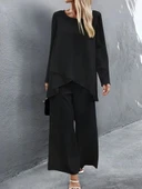 MDB Kadın Uzun Kollu Asimetrik Detaylı Salaş Sandy Bluz Ve Pantolon Ikili Takım thumbnail 3