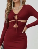 MDB Kadın Uzun Kollu Göğüs Ve Göbek Dekolte Detay Sandy Midi Boy Elbise thumbnail 2